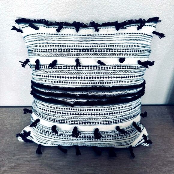 Anthropologie Black White Large Boho Tassel Textured Throw Pillow - Picture 1 of 4